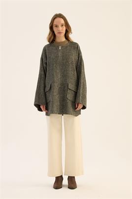 Tüylü Balıksırtı Desen Ceket Siyah