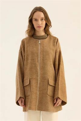 Tüylü Balıksırtı Desen Ceket Camel