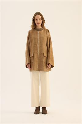 Tüylü Balıksırtı Desen Ceket Camel