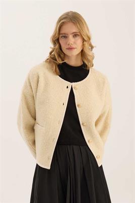 Tüylü Biyeli Ceket Krem