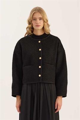 Tüylü Biyeli Ceket Siyah