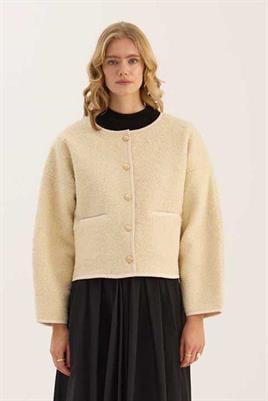 Tüylü Biyeli Ceket Krem