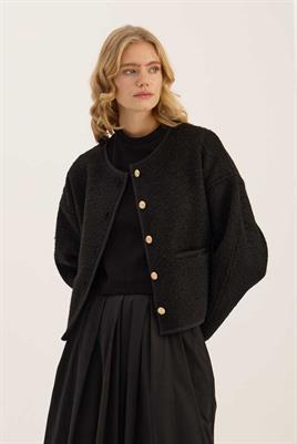 Tüylü Biyeli Ceket Siyah
