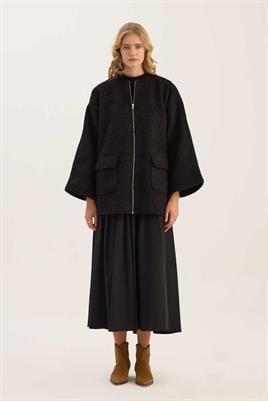 Tüylü Kaşe Fermuarlı Ceket Siyah