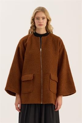 Tüylü Kaşe Fermuarlı Ceket Taba