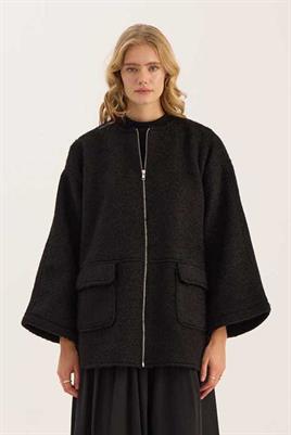 Tüylü Kaşe Fermuarlı Ceket Siyah