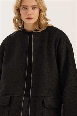 Tüylü Kaşe Fermuarlı Ceket Siyah