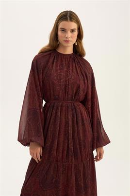 Üç Katlı Şifon Elbise Koyu Bordo