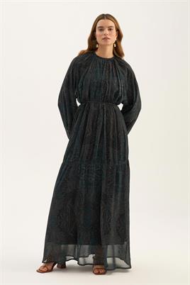 Üç Katlı Şifon Elbise Koyu yeşil