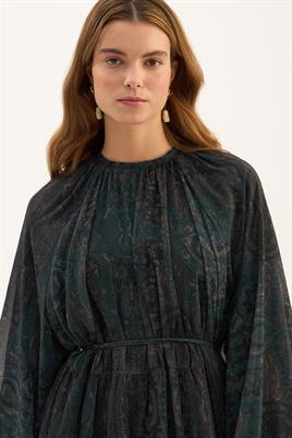 Üç Katlı Şifon Elbise Koyu yeşil