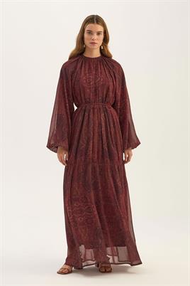 Üç Katlı Şifon Elbise Koyu Bordo