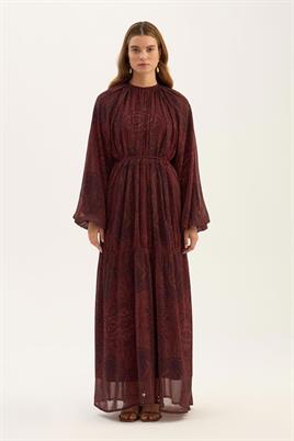 Üç Katlı Şifon Elbise Koyu Bordo