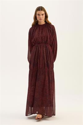 Üç Katlı Şifon Elbise Koyu Bordo