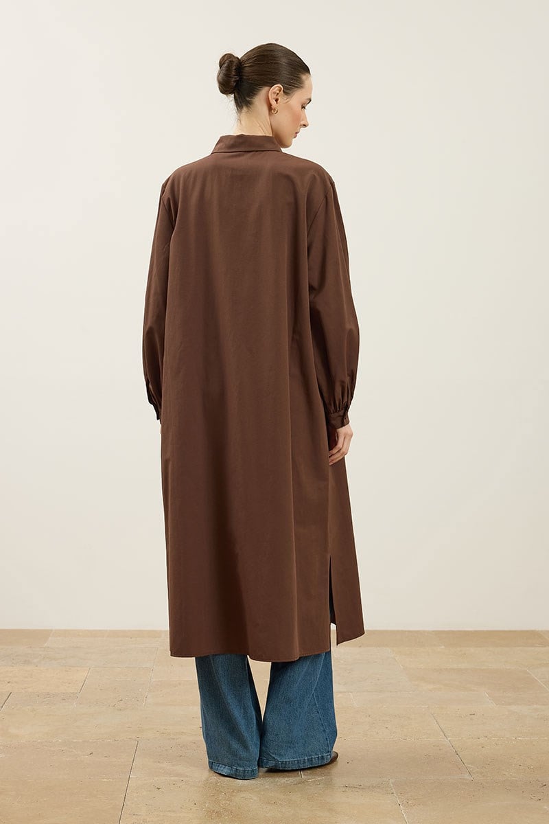 Uzun Poplin Gömlek Acı kahve
