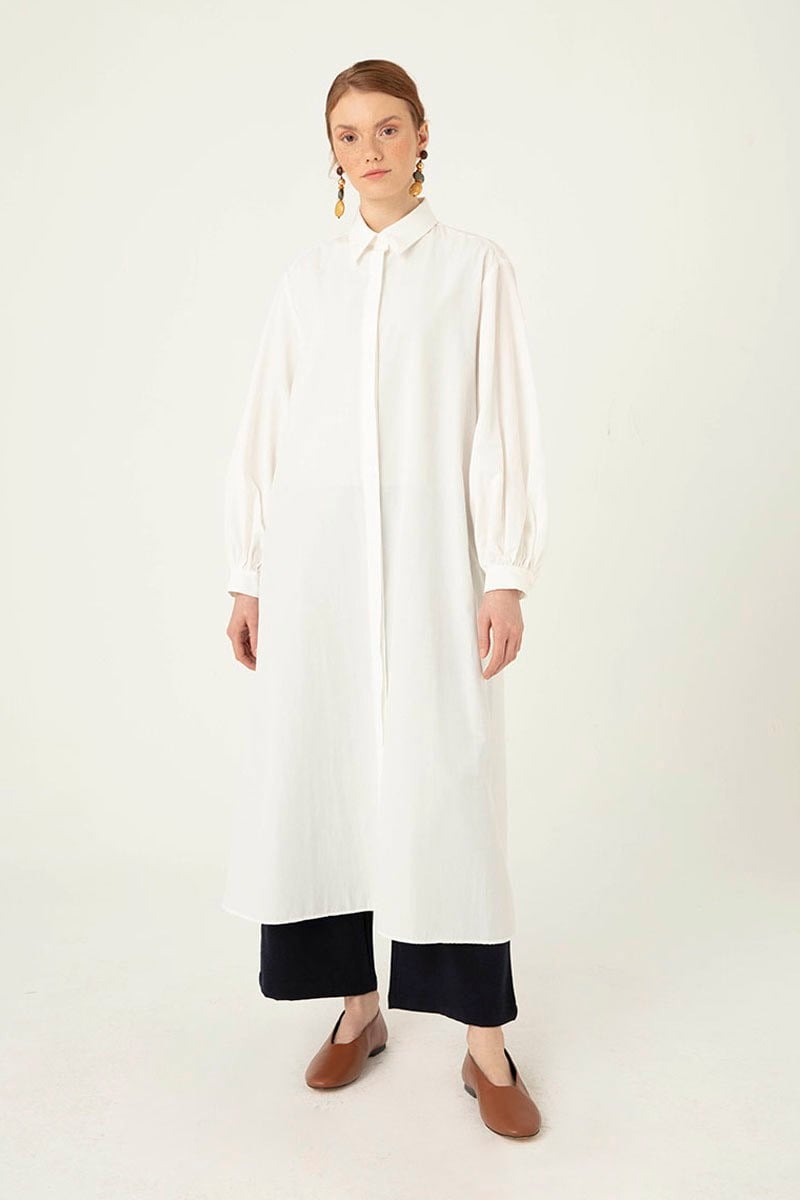 Uzun Poplin Gömlek Ekru