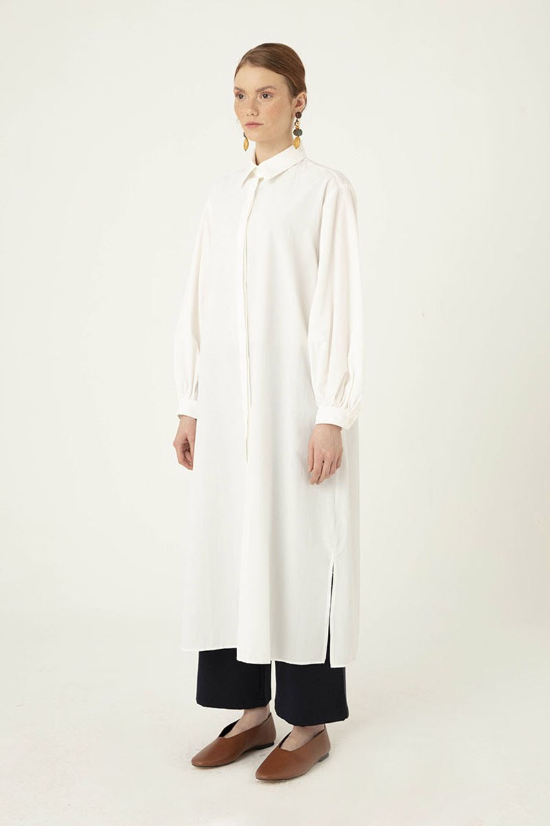 Uzun Poplin Gömlek Ekru