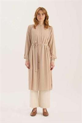 Uzun Robadan Büzgülü Tunik Bej