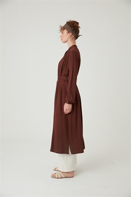 Uzun Robadan Büzgülü Tunik Acı kahve