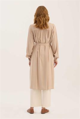 Uzun Robadan Büzgülü Tunik Bej