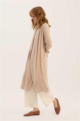 Uzun Robadan Büzgülü Tunik Bej