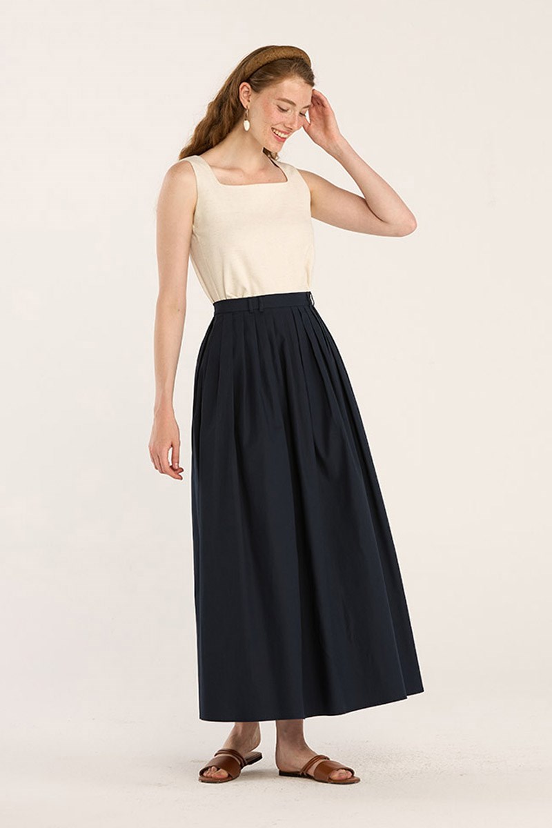 Uzun Sık Pileli Etek Lacivert