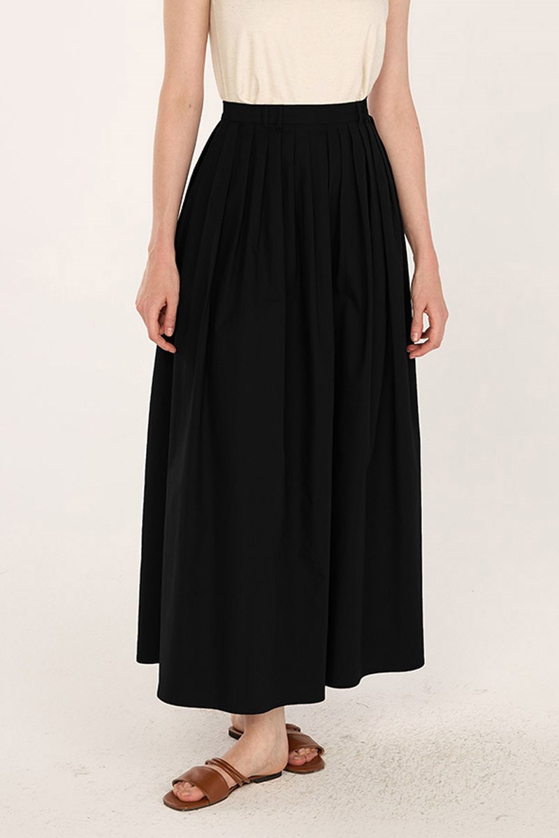 Uzun Sık Pileli Etek Siyah