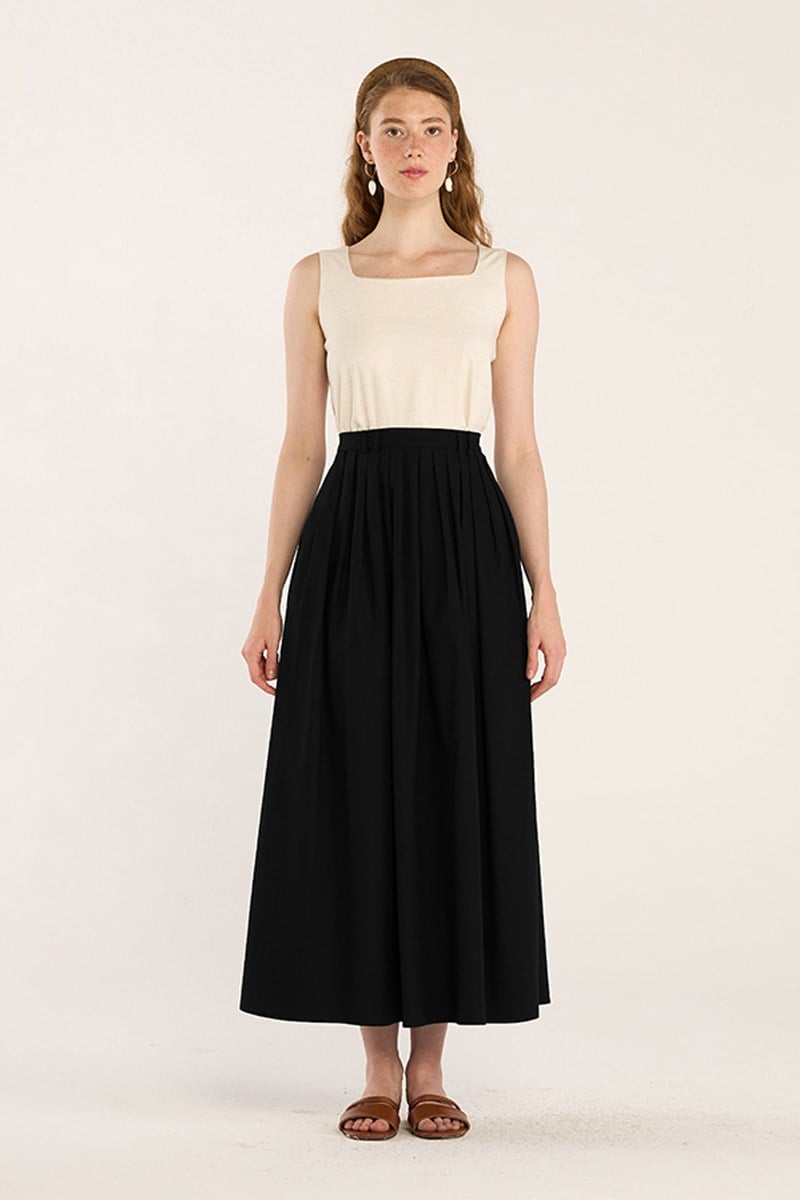 Uzun Sık Pileli Etek Siyah
