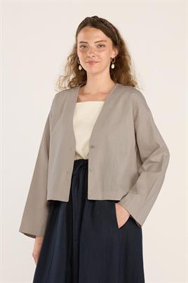 V Yakalı Keten Hırka Vizon