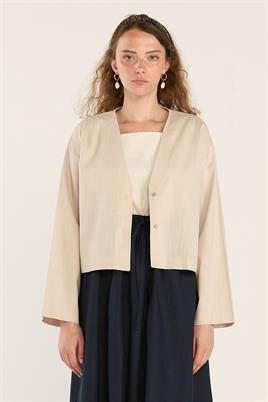 V Yakalı Keten Hırka Krem