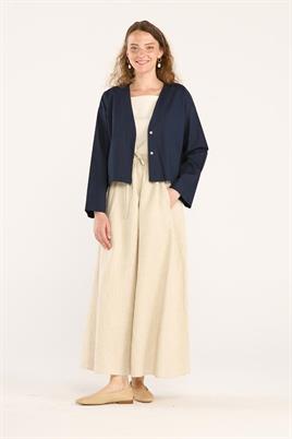 V Yakalı Keten Hırka Lacivert