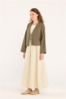 V Yakalı Keten Hırka Haki