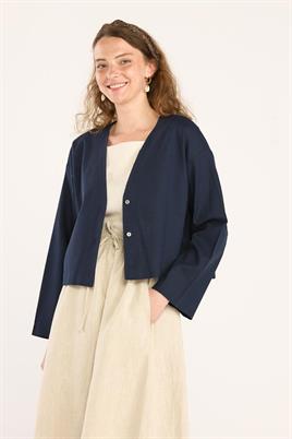 V Yakalı Keten Hırka Lacivert