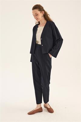 V Yakalı Keten Hırka Koyu Lacivert