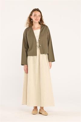 V Yakalı Keten Hırka Haki