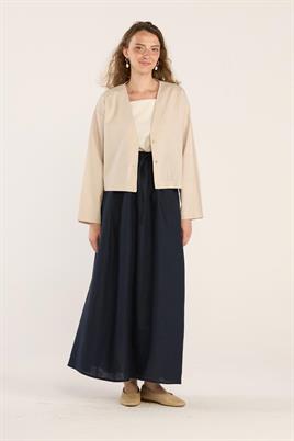 V Yakalı Keten Hırka Krem