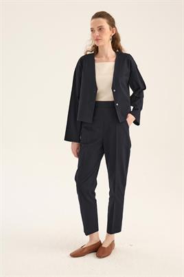 V Yakalı Keten Hırka Koyu Lacivert