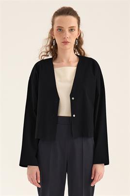 V Yakalı Keten Hırka Siyah