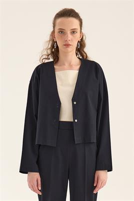 V Yakalı Keten Hırka Koyu Lacivert