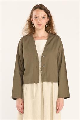 V Yakalı Keten Hırka Haki