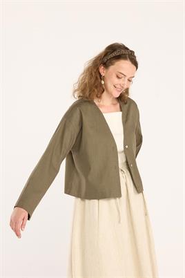 V Yakalı Keten Hırka Haki