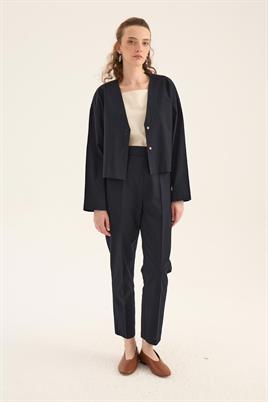 V Yakalı Keten Hırka Koyu Lacivert