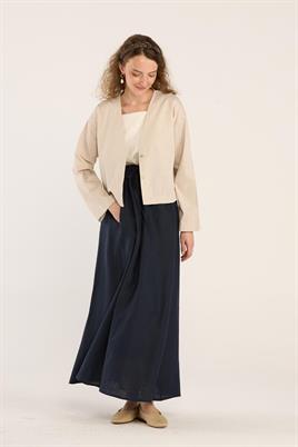 V Yakalı Keten Hırka Krem