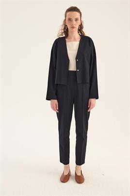 V Yakalı Keten Hırka Koyu Lacivert