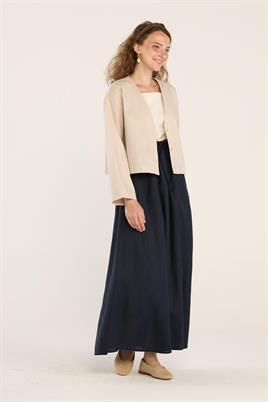 V Yakalı Keten Hırka Krem