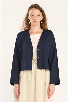 V Yakalı Keten Hırka Lacivert