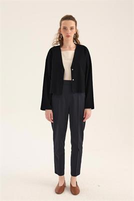 V Yakalı Keten Hırka Siyah