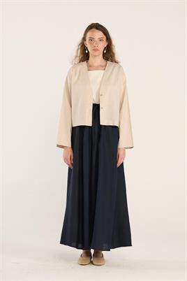 V Yakalı Keten Hırka Krem