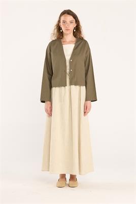 V Yakalı Keten Hırka Haki