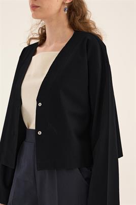 V Yakalı Keten Hırka Siyah