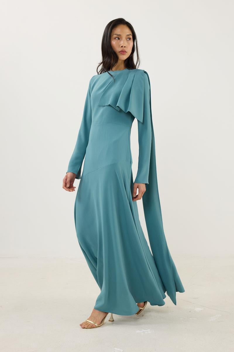 Verev Kesimli Abiye Elbise Koyu Mint